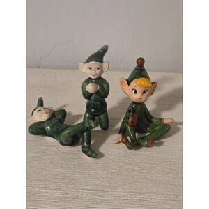 Vintage 1950's  Ceramic Pixie Elf Whimsical Fairy Japan Set Of 3